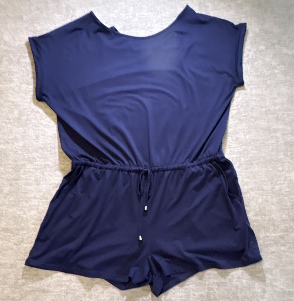 Women's Blue Solid Knit Romper Drawstring Elastic Waist 3XL Plus Style 10071